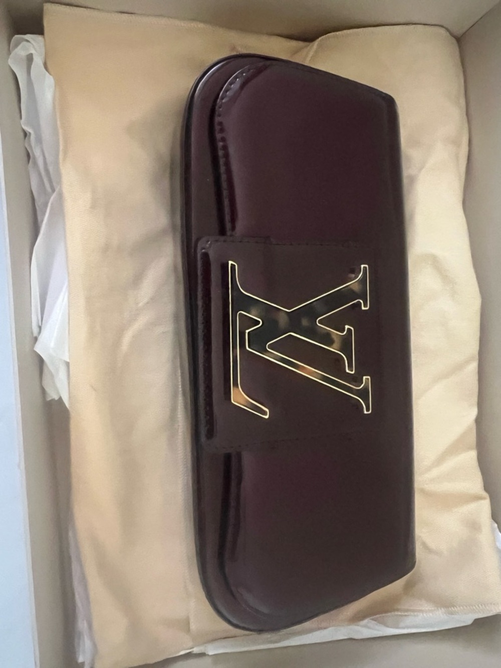 Louis Vuitton Patent Clutch in Dark Wine with Gold LV Emblem